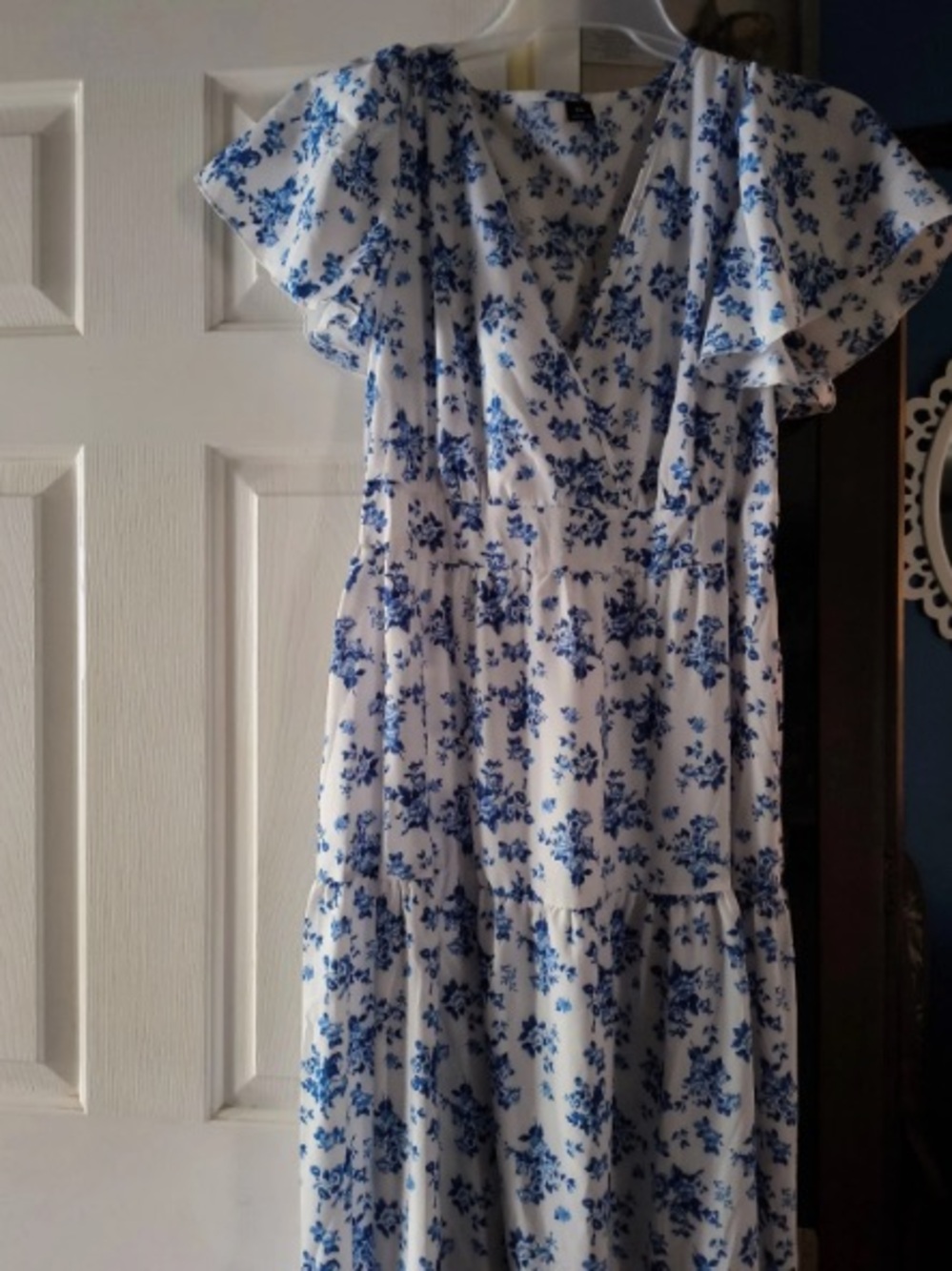 Girls' White Dress with Blue Floral Print